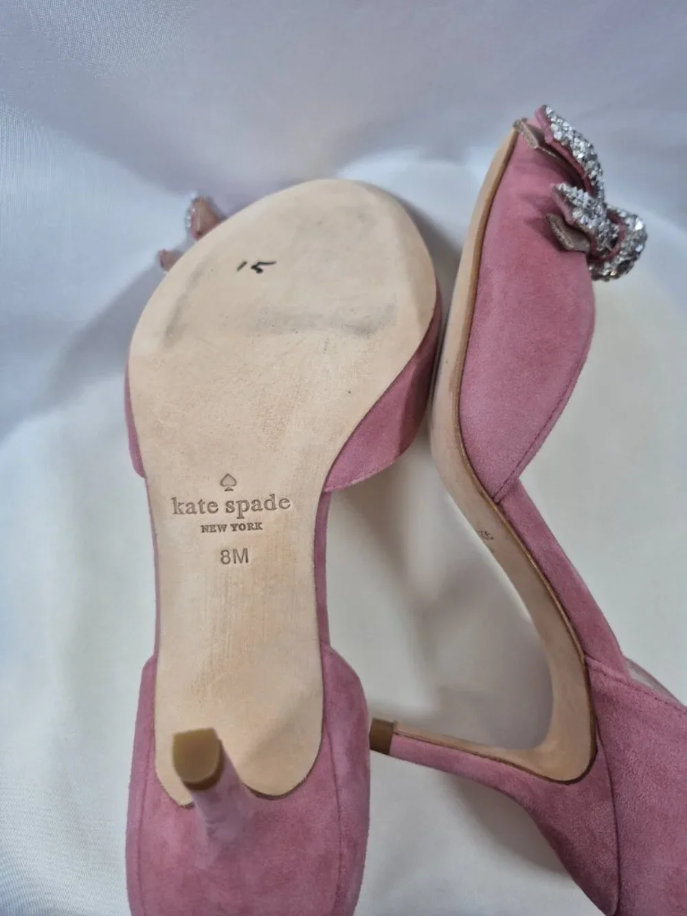 Kate Spade Pink Suede Crystal Bow Peep Toe Heels Size 8